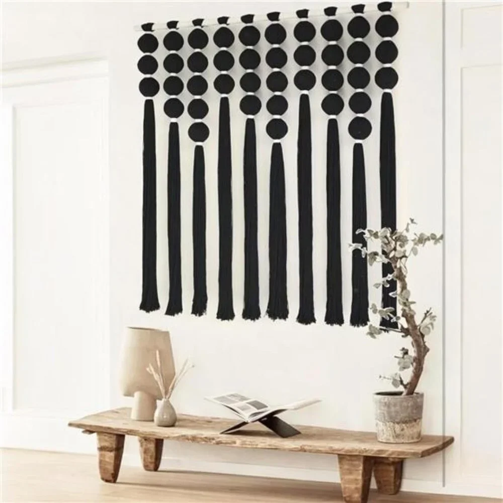 NEW Anthro XL Boho Black & White Tassel & Ball Tapestry Woven Wall Hanging - 40